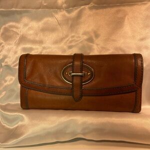 Fossil Brown Leather Flap Wallet w/ Back Zip Coin Pocket